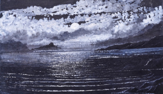 A monochromatic landscape painting of a bright moon reflected in dark rippled water below