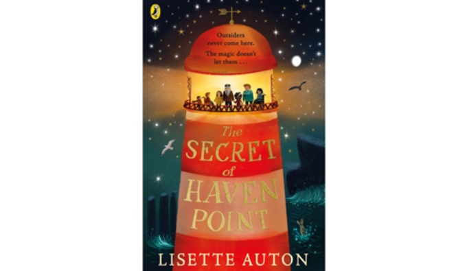 The cover of the book: The Secret of Haven Point by Lisette Auton. It features an illustration of a red and white lighthouse at night 