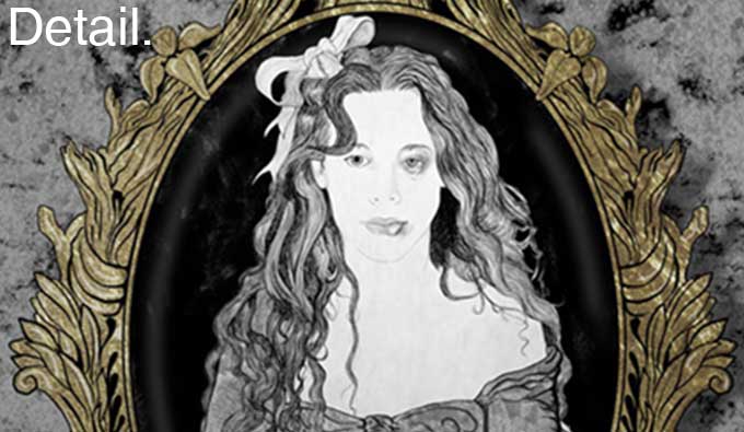 The black and white illustration shows a young woman with long wavy hair, she has a bow in her hair, she has a black eye and a bruised lip. She is framed by a gilt oval frame.