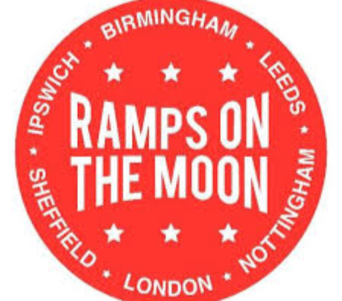 a bright red circle with white capitals letters across the centre, 'Ramps on the Moon, three white stars above and below, around the edge of the circle in white from the top clockwise are 'Birmingham, Leeds, Nottingham, London, Sheffield , Ipswich.
