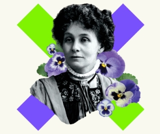 Black and White Photograph of Emmeline Pankhurst, she is surrounded by violets and there are purple and green stripes behind them. 