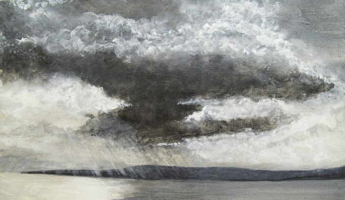 A mostly monochrome painting of a large dark cumulonimbus cloud formation above a bay. Light is reflected in the water.