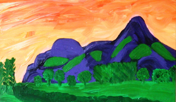 A landscape painting of dark blue hills behind green trees and fields. The sky is shades of yellow and orange.