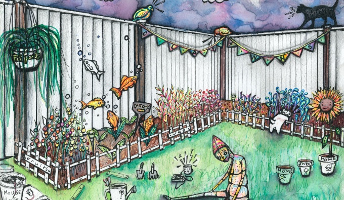 Illustrated pen and watercolour image of a figure seated on a lawn with their head bowed and legs out in front. They are surrounded by planting equipment and plants, a plant border, white fencing and coloured bunting hanging from the fence.