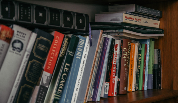 Close up of books on a shelf. 
