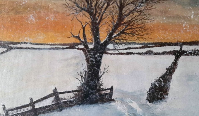 A snowy landscape, of fields edged with traditional hedgerows. In the foreground is a tree and a tumbled down fence. 