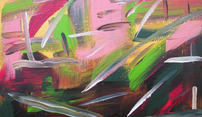 An abstract painting of lines and blocks of green, pink, grey and white paint on a pale yellow background.