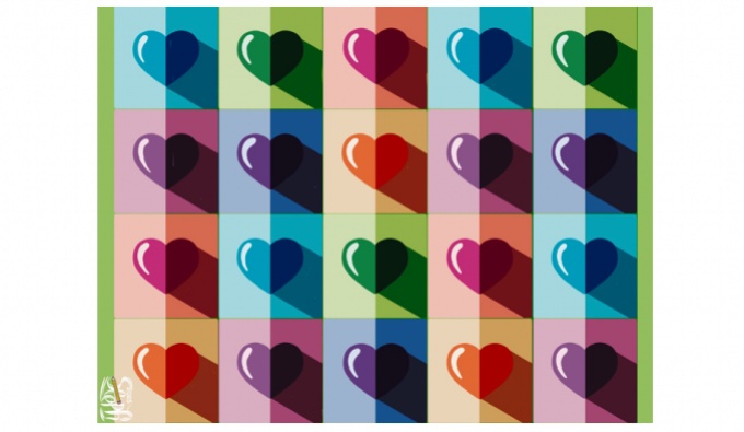 Multiple heart images across the page, in rainbow colours, reminiscent of Pop Art.