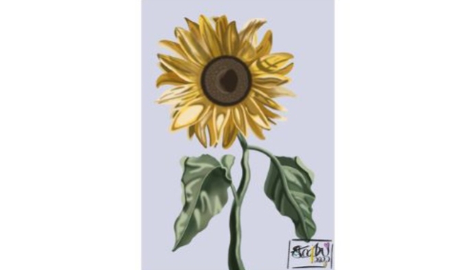 An illustration of a large yellow sunflower head, with a green stalk and two leaves
