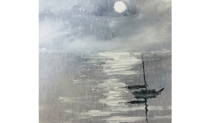 A painting of a nautical scene with a undetailed black boat in the foreground reflected in the water. The sky and sea are shades of grey, blue and white and there is a full moon which castes a reflection of light across the sea.