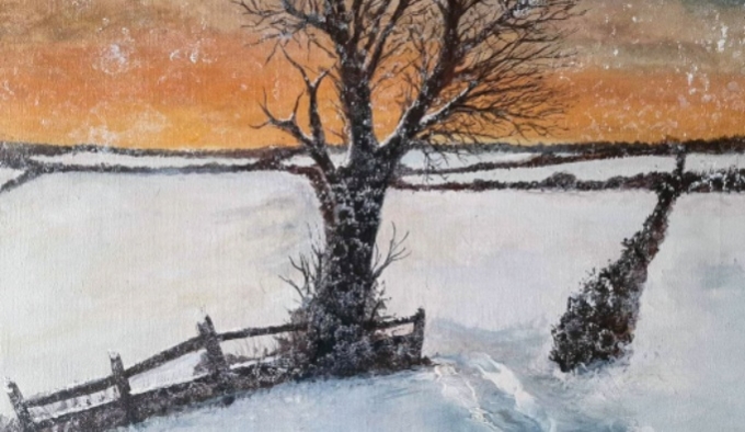 A landscape painting of a snowy scene. A brown skeletal tree dominates the scene flanked by a fence and a hedgerow. Snow falls on the scene from an orange coloured sky.