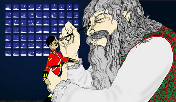 The colourful illustration shows a bearded toymaker painting the face of a wooden toy soldier.