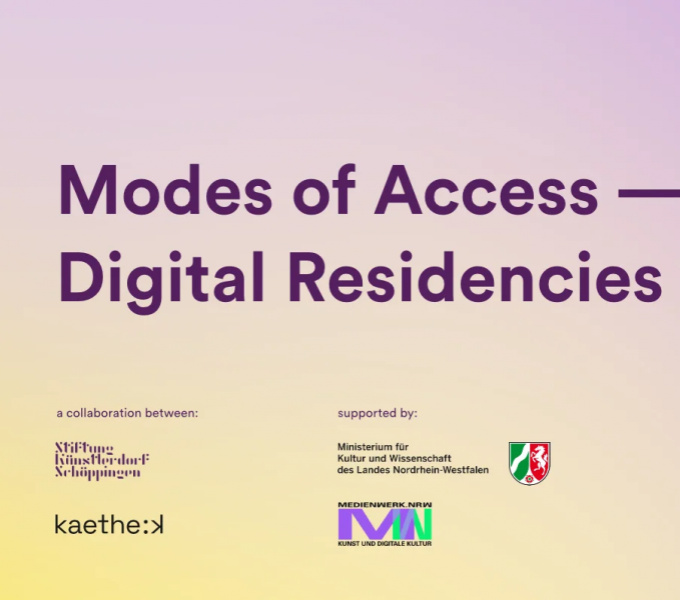 A square image with Modes of Access - Digital Residencies written in purple against a lilac yellow ombre background