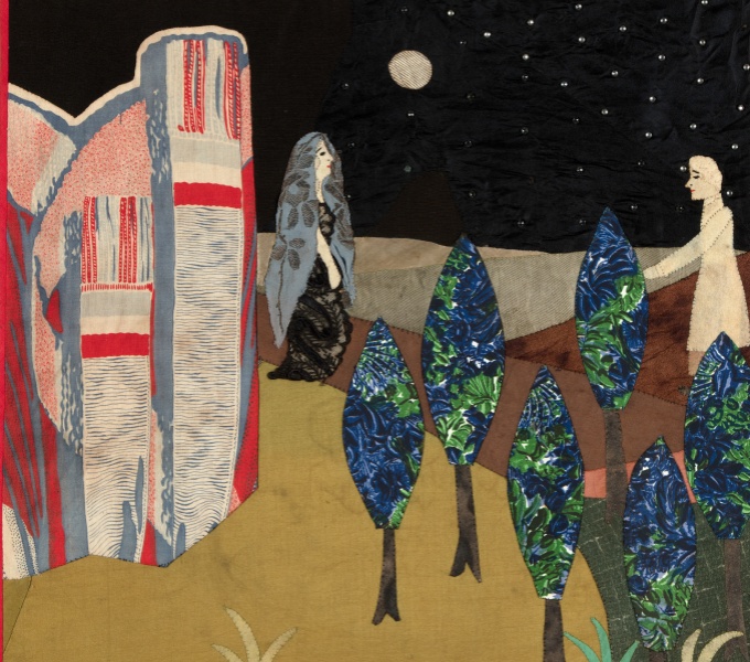 A textile work by Elizabeth Allen. Materials stitched together to form a scene depicting a woman wearing a blue patterned flower shawl standing in a field of trees under a bright white moon and starry sky. A figure in white stands opposite the woman.