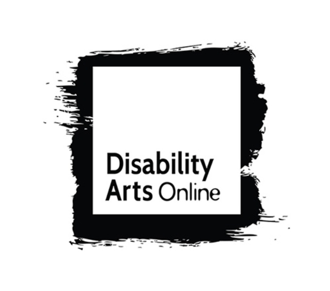 A white background with the outline of a square created with a spray paint effect. In the bottom half of the square in black font is the organisation name; Disability Arts Online.