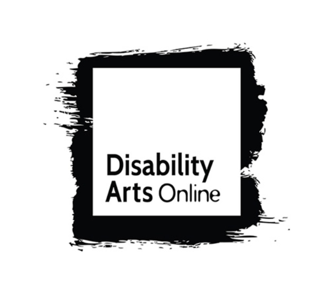 A white square set withing black brushstrokes. At the bottom of the square in white text is the organisation name: Disability Arts Online.