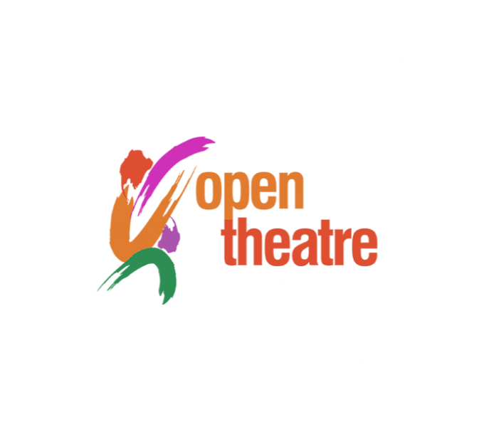 Open Theatre in orange font against a white background. To the left in red, pink, purple and green brush marks is a stylised impression of what looks like a figure moving.
