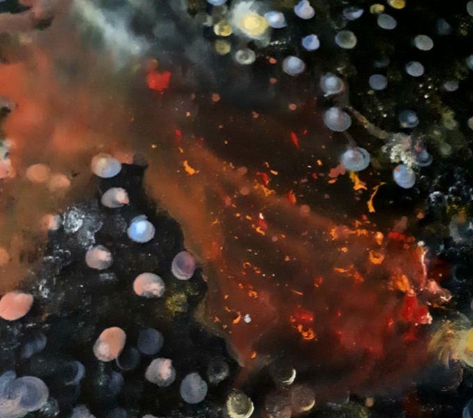 Abstract painting with dark back ground and burst of white, orange, pale blues, pinks and yellow depicting the stars