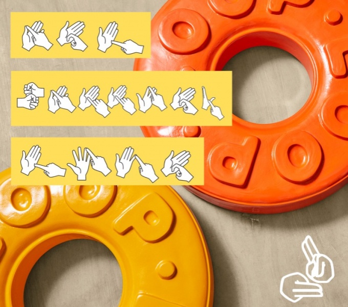 A giant orange and yellow ring shaped sculptures with the look of a polo sweet. Overlaid are illustrations of hands that spell out the event in BSL: Art Gallery Tour. In the bottom right is the symbol for BSL.