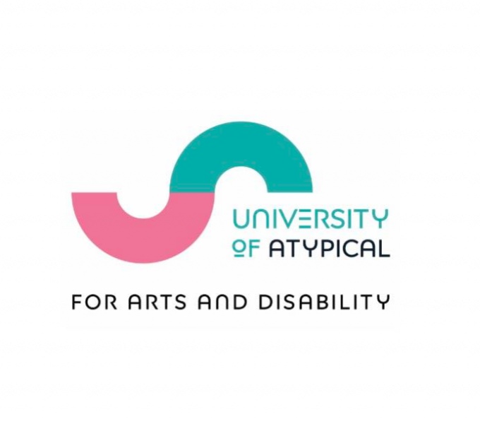 A pink upturned semi-circle joins to a downturned turquoise green semi-circle. A the right hand side of this, also in turquoise, are the words University of. Followed by the work Atypical in black text. Below this reads; For Arts and Disability.