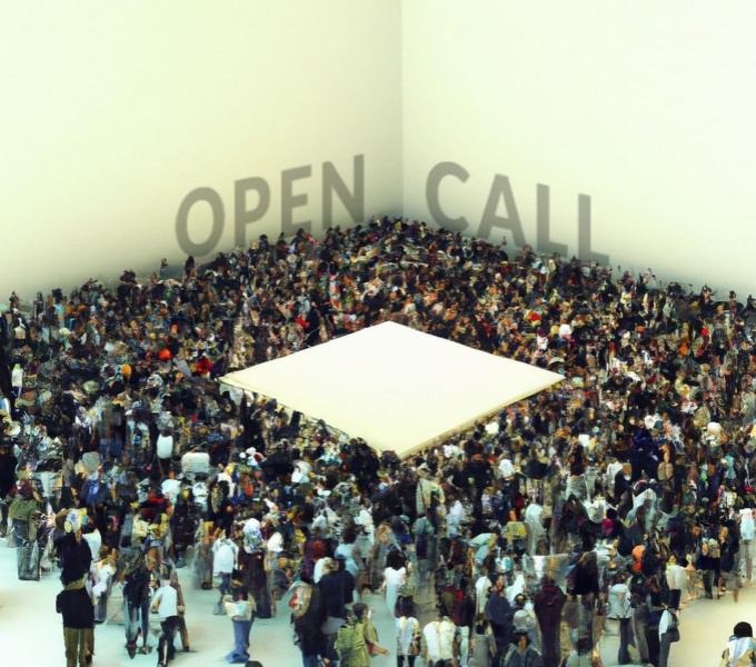 The corner of a white open spaced room is viewed from above. A large group of people are huddled in the corner and around a large white square. On the wall behind are the words; Open Call