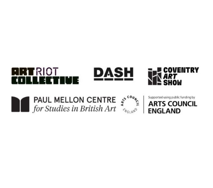 Black logos on white background for Paul Mellon Centre, DASH, Art Riot Collective, Arts Council England and Coventry Art Show.