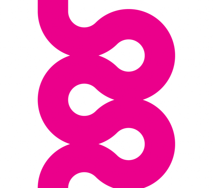 A white background with the magenta logo of the British Ceramics Biennial consisting of a curvey line of three tight bends, running from top to bottom.