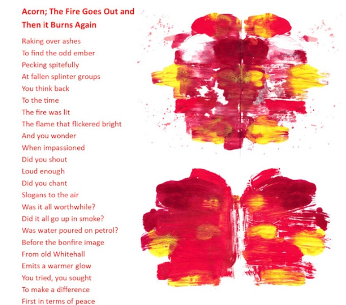 Partial view of typed poem in pink to the left with abstract painting in pink, yellow and red to the right.