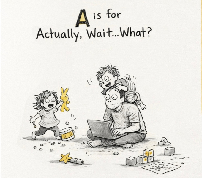 A cartoon drawing  in two halves. The first shows a parent crossed legged on the floor looking at a laptop with two lively young children around them and the workds A is for Actually, wait  ... what? The second shows a parent holding a small child rushing