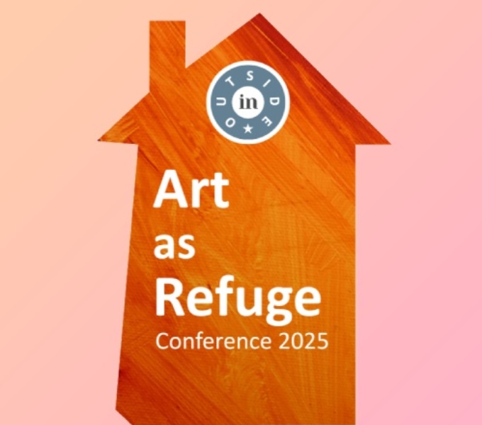 A simple orange house shape set against a pink background. At the top of the house is the circular Outside In logo. Below the logo in white text against the orange of the house reads: Art as Refuge Conference 2025 