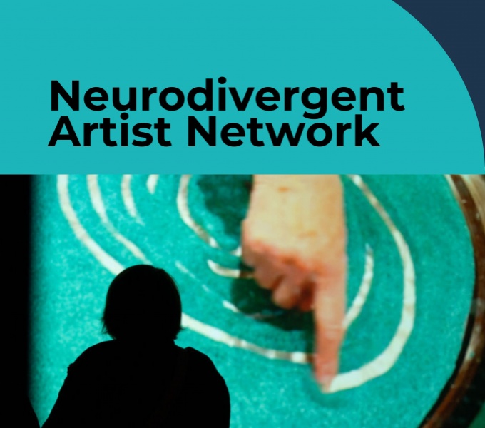 A screen with a hand drawing out a curved shape on a green background. In the foreground is a silhouette of a person. Above the image in black text on a turquoise background reads Neurodivergent Artist Network. 