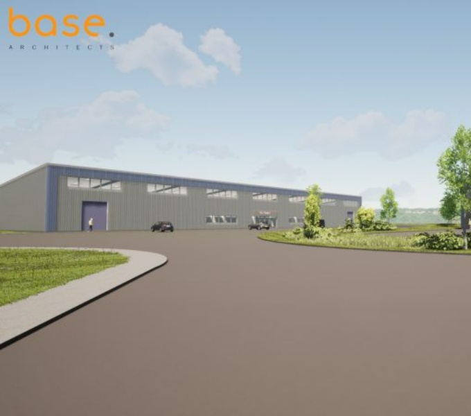 A digital image of the Business park form architects design, with driveway and large grey building and trees