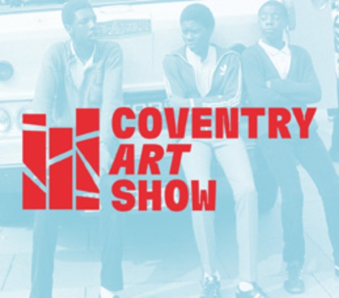 A blue-tinted photograph of three male figures leaning against the front of a van. The words ‘Coventry Art Show’ is overlaid on the image in thick red font. Left of this is a logo made up of three red columns of varying heights.                           
