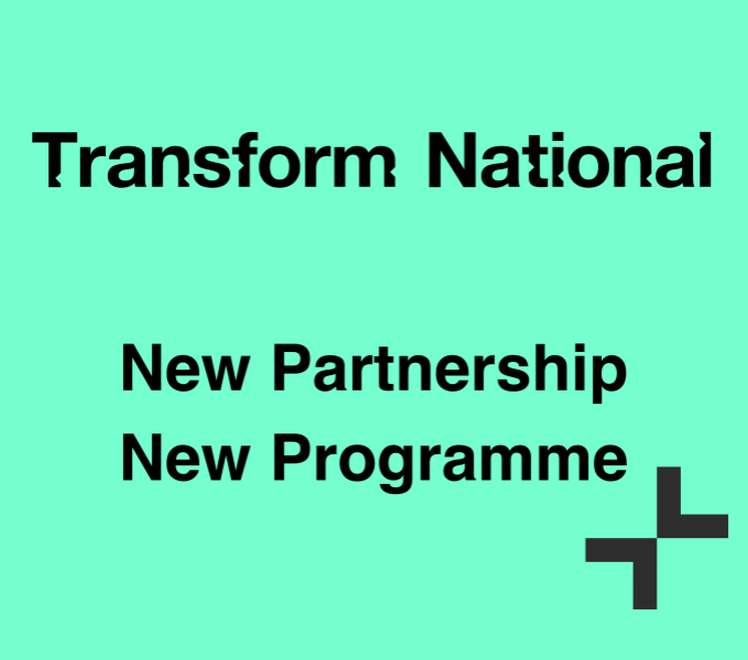 The text Transform National New Partnership New Programme written over three lines in black sentencecase text on a green square background