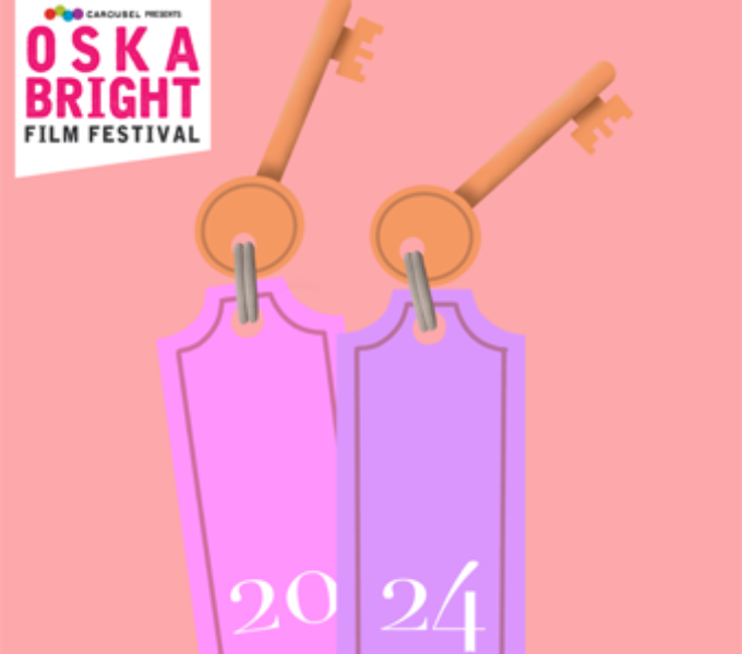 A peach coloured background with the magenta pink oska bright logo appears in the top left. To the middle are two keys with purple and pink card fobs. Across the two fobs is the date 2024 in white text. 