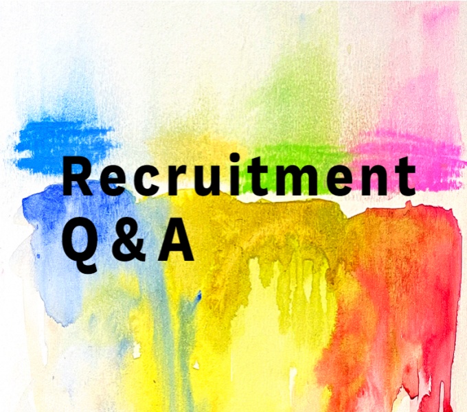 A watercolour background with the paint colours blue, green, yellow, pink and red blend into one another. Overlaid in black text are the words: Recruitment Q & A