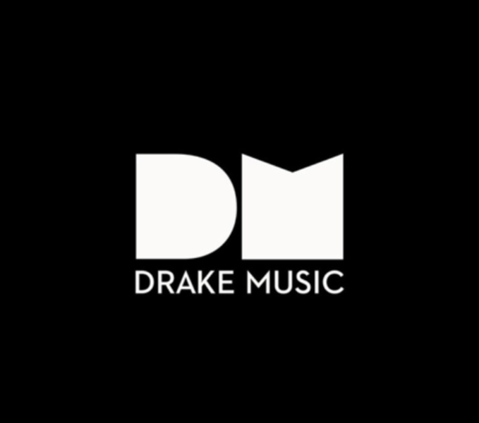A black background with a large stylised capital D and M in white. Below is the full organisation name, Drake Music, again in white.