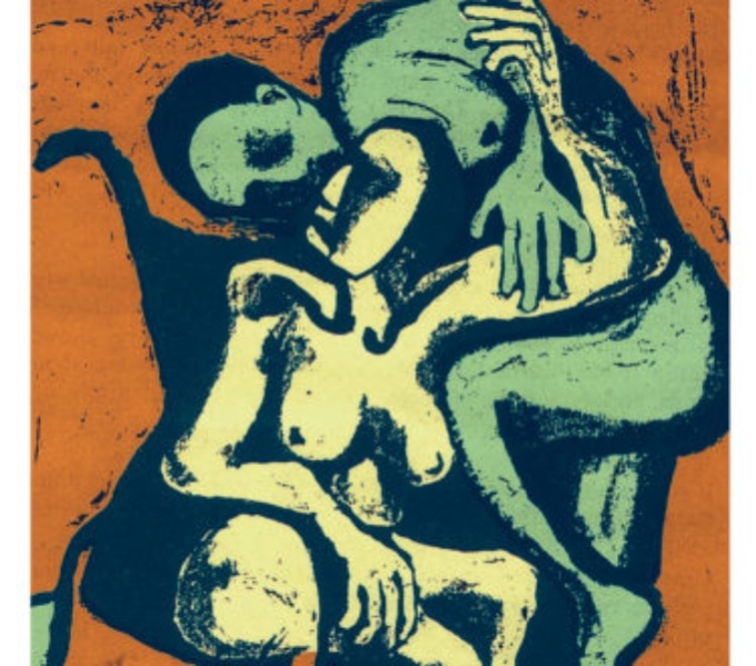 A painted image depicting a yellow figure seated in a wheelchair in an embrace with a green figure, set against an orange, brown background.
