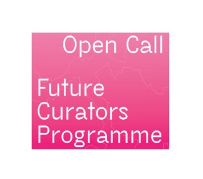A bright magenta pink background with fine white lines across it. Top right in bold white text reads, Open Call.  Below reading from left to right reads, Future Curators Programme. Again this in white text.