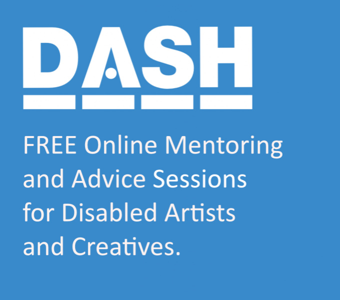 A blue square with the text FREE online mentoring and advice sessions for Disabled Artists and Creatives