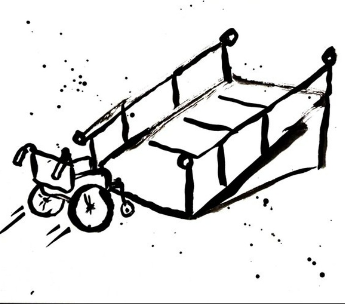 Image Description: A computer illustrated graphic of an empty wheelchair at the foot of a ramp or bridge. Black line drawing on a white background.