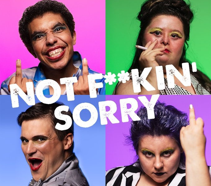 Four coloured squares in pink, green, blue and purple with headshots of four people in each. Across the centre of the image are the words: Not Fookin Sorry! in white text. 