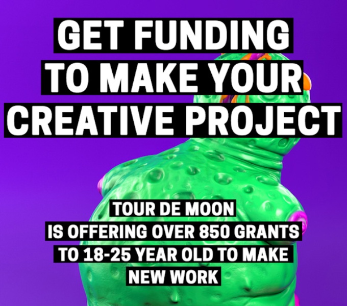 A purple background with green and pink abstract shape. Project details are in white text: Get funding to make your creative project. Tour de Moon are offering over 850 grants to 18 - 25 yr olds to make new work.