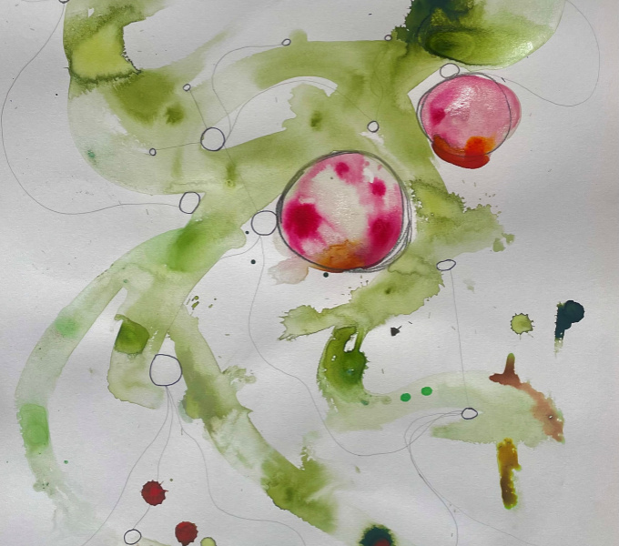 An abstract watercolour painting consisting of pink circles surrounded by green swirls.