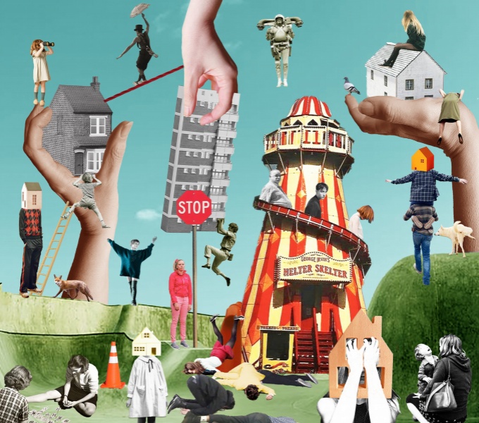 A collage image of a fairground-like scene with black and white figures on a green and blue background.