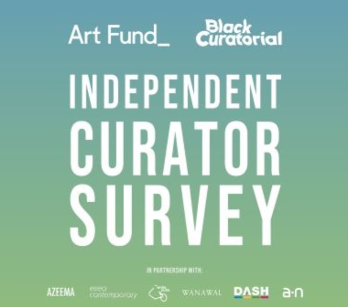 A turquoise green and blue background with white text overlaid.  Text reads Art Fund, Black Curatorial, independent curator survey. Below are a number of partner logos including DASH. 
