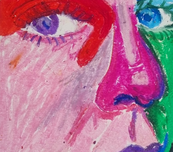 A close up of a painting of a face, slightly abstract in style.