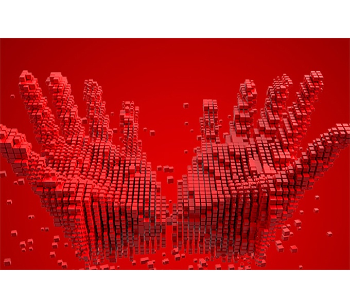 A red digital image. A red background with a series of red pixel like squares arranged to form the shape of two open hands facing upwards.