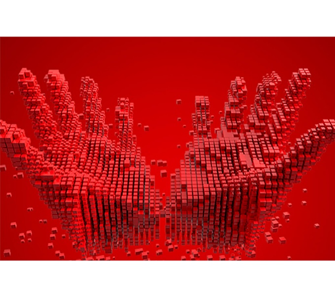 A red digital image. A red background with a series of red pixel like squares arranged to form the shape of two open hands facing upwards.