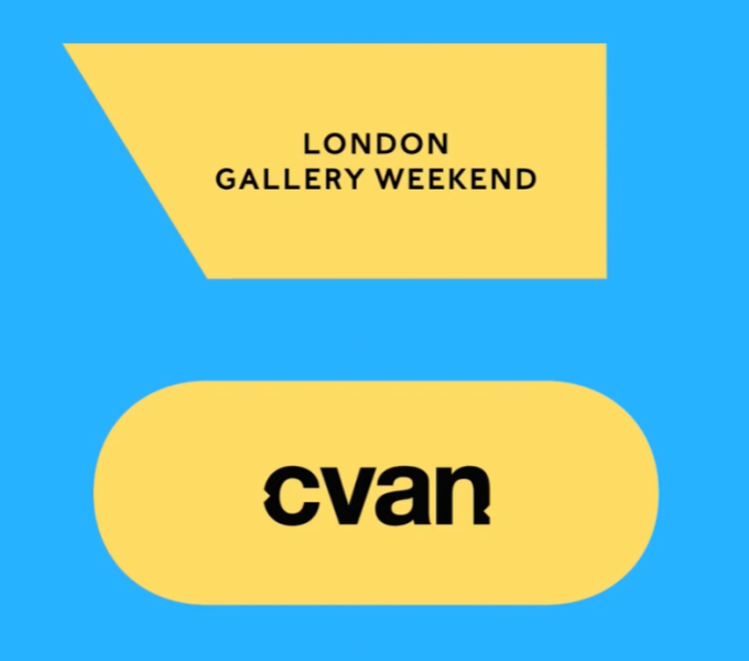the text London Galleries Weekend and CVAN are written in black text across two mustard yellow shapes on a light blue background